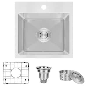 Silver Stainless Steel 15 in. Single Bowl Drop-in Kitchen Sink with Bottom Grid and Basket Strainer