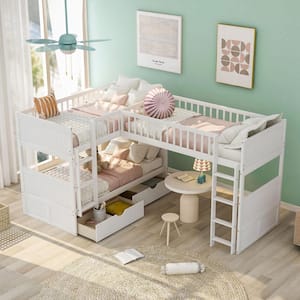 White Twin Size Wood Bunk Bed with Loft Bed and 2-Drawers