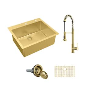 25 in. Drop-In Single Bowl 18-Gauge Gold Stainless Steel Kitchen Sink with Spring Neck Faucet