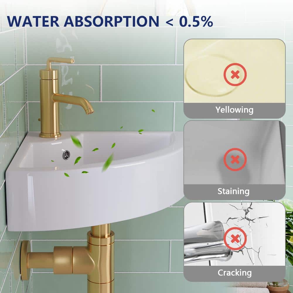 White Ceramic Wall-Mount Corner Bathroom Sink with Faucet Hole