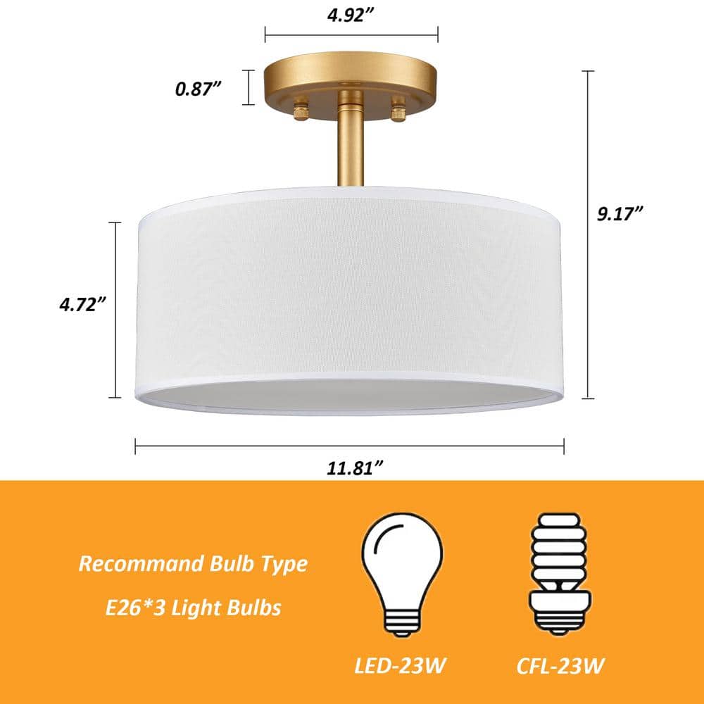 Brushed Brass and White Fabric Drum LED Ceiling Light