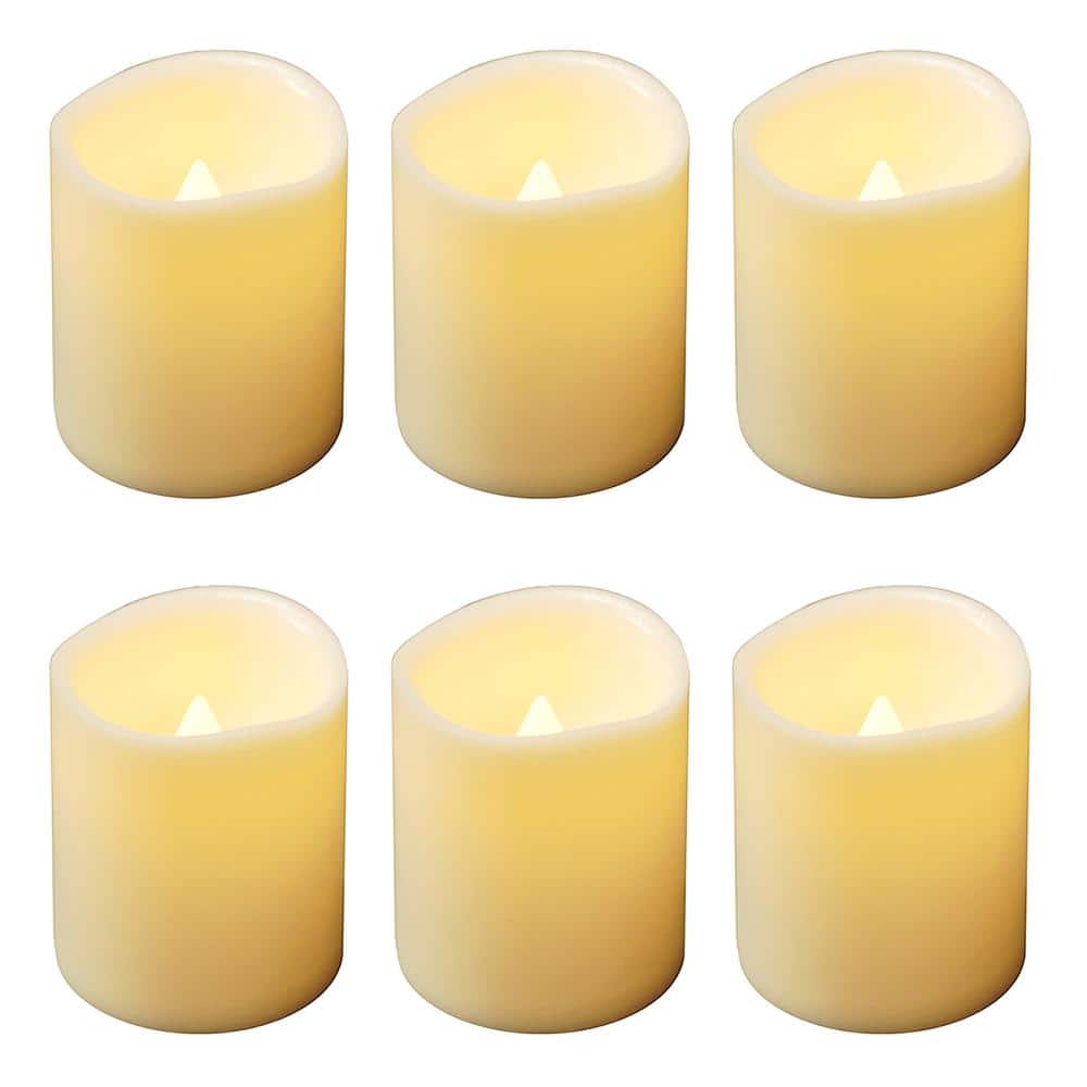 6Pc Battery Power LED Flameless Flickering Ivory Wax Candles Pillar Home Decor 
