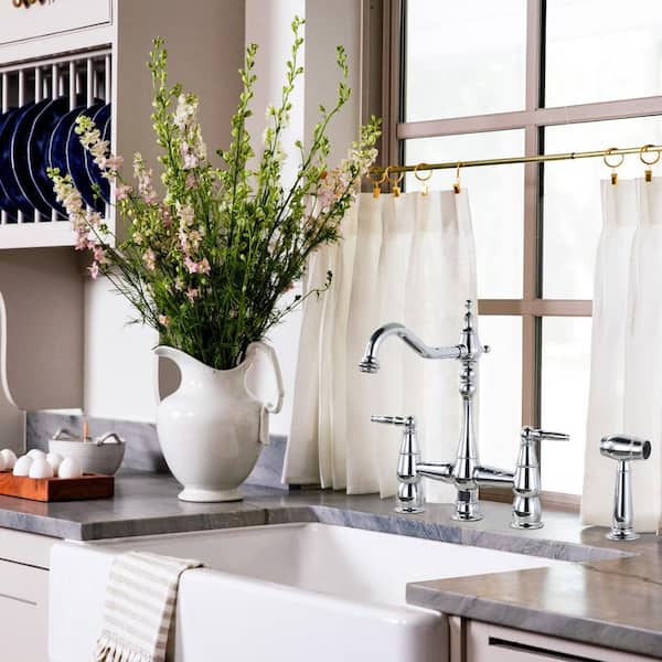 Solid Brass 4 Hole Double Handle Bridge Kitchen Faucet with Side Sprayer Deck Mount in Polished Chrome
