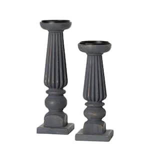 13.25" & 11.25" Ribbed Cool Gray Candle Holders Set of 2, Wood