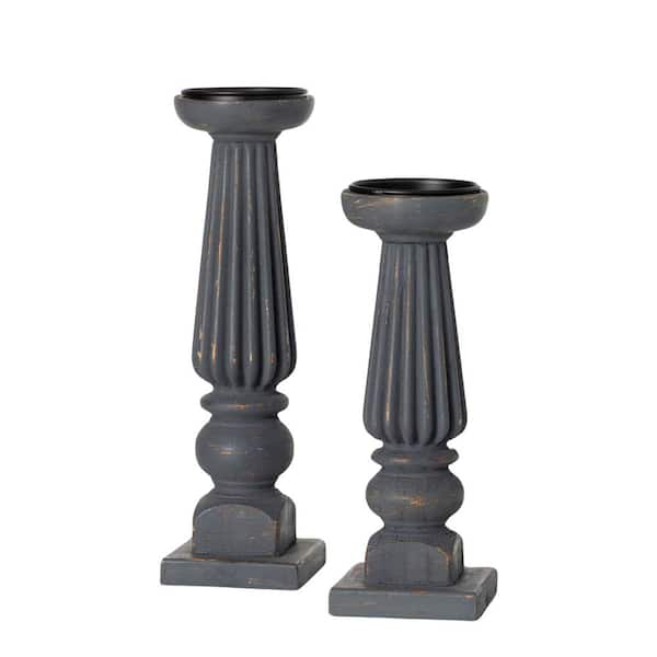 SULLIVANS 13.25" & 11.25" Ribbed Cool Gray Candle Holders Set of 2, Wood
