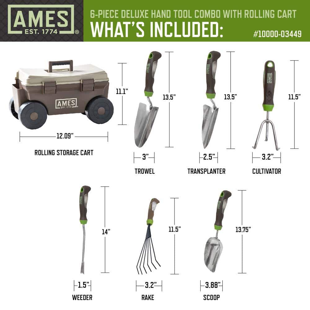 6-Piece Deluxe Hand Tool Combo and Rolling Cart Garden Tool Set