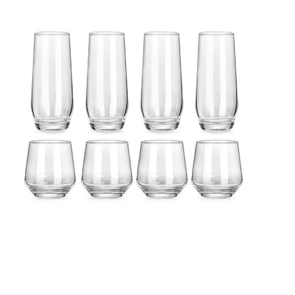 Drinking Glasses Set of 8, Clear 13 oz. & 18 oz. Crystal Glass Cups, Highball Water Tumbler, Short Stemless Wine Glasses