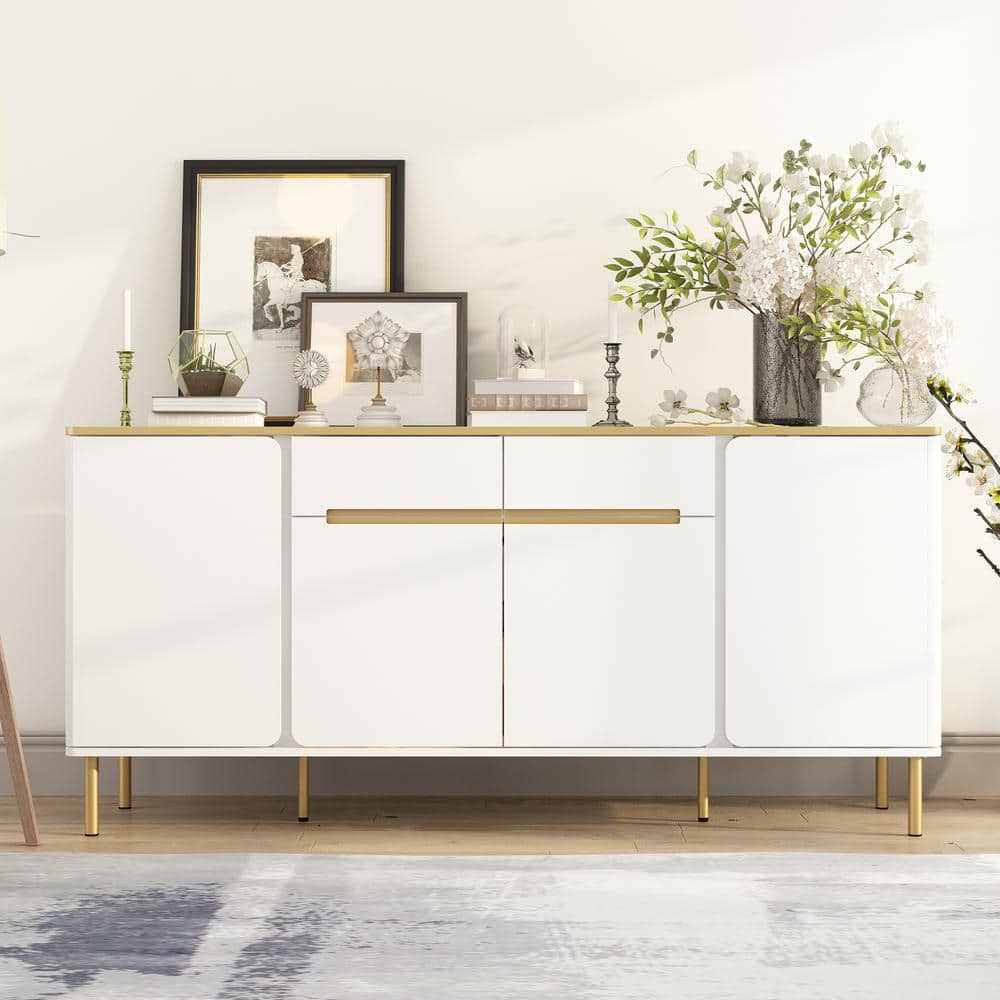 FUFU&GAGA White and Golden Wood 63 in. W Sideboard, Storage Cabinet ...