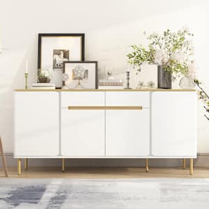 White and Golden Wood 63 in. W Sideboard, Storage Cabinet with 4-Doors, 2-Drawers and 6-Shelves