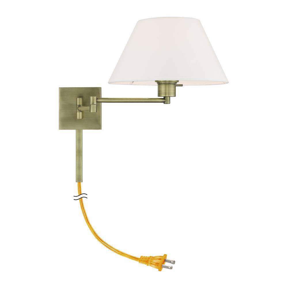 Antique Brass Swing Arm Wall Lamp with Fabric Shade
