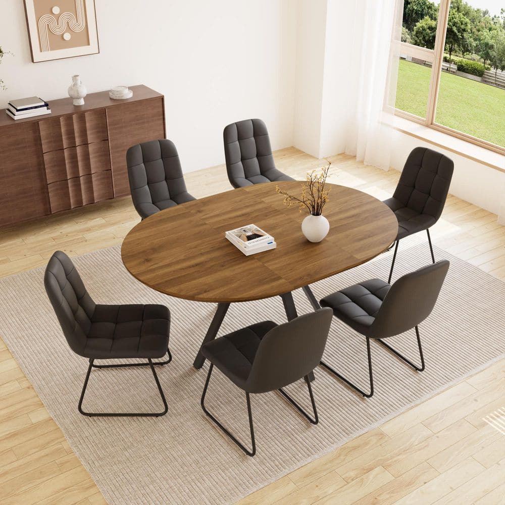 7-Pieces Round Walnut MDF Top Extendable ining Table Set Seating 6 People with 6 U-shape Black Chairs price history on PriceWatchPro