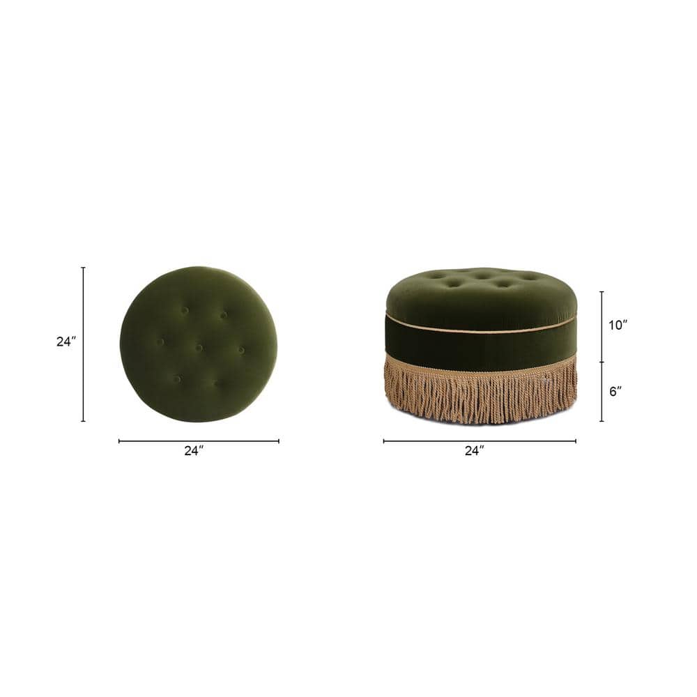 Olive Green Velvet Tufted Round Ottoman with Fringe