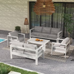 5-Piece Outdoor Aluminum Patio Conversation Set with White Cushions