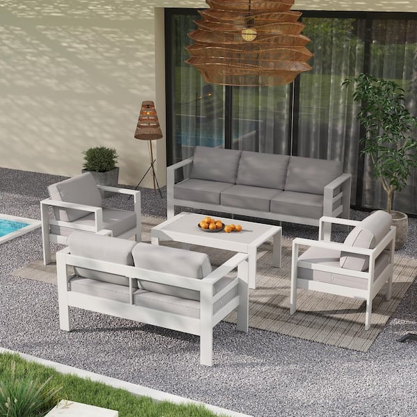 DIGITIME 5-Piece Outdoor Aluminum Patio Conversation Set with White Cushions