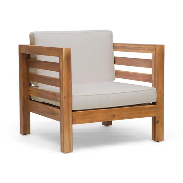 Miscool Anky Brown Wood Outdoor Lounge Chair with Beige Cushion