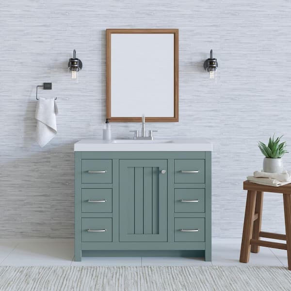 Home Decorators Collection Glint 43 in. W x 19 in. D x 36 in. H Single Sink Freestanding Bath Vanity in Sage with White Cultured Marble Top