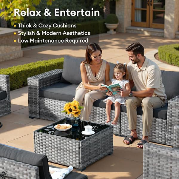 HOOOWOOO Tahoe Grey 9-Piece Wicker Outdoor Patio Fire Pit