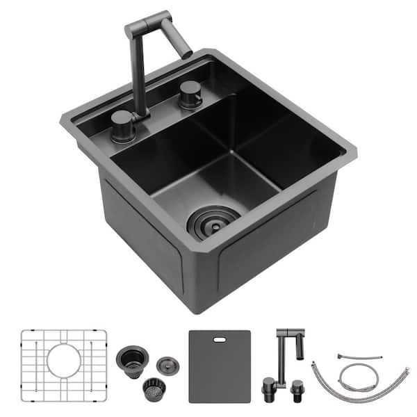 16 Gauge Stainless Steel 15 in. x 17 in. x 9 in. Undermount Bar Sink Workstation Single Bowl Handmade w/ Faucet in Black