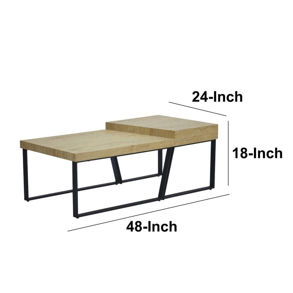 Oak Brown Rectangular Coffee Table with Black Metal Frame and Storage