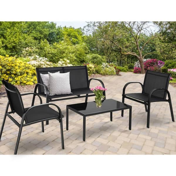 4-Piece Black Metal Patio Conversation Set Furniture Set with Glass Top Coffee Table