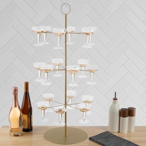 Gold Cocktail Tree Stand - 3-Tier Champagne Tower Holds 18 Stemware Glasses - Stemware Organizer