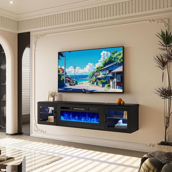 70 in. Wall Mounted Wooden Electric Fireplace TV Stand with 36 in. Insert Black Finish
