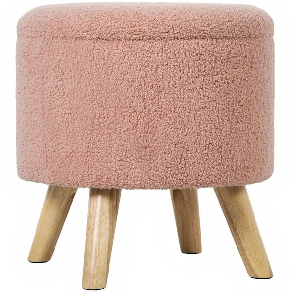 Storage Ottoman, Round Footstool with Polyester Upholstery, Removable Top, Hidden Space and Wood Legs, Pink