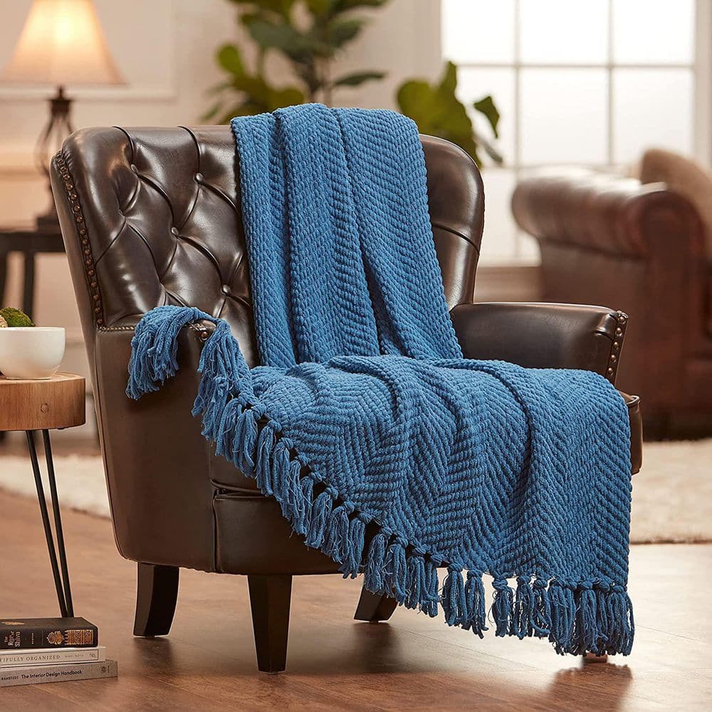 Cerulean Blue Knitted Acrylic Throw Blanket with Tassels - 50" x 65"