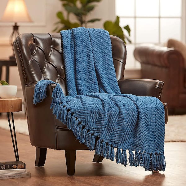 CHANASYA Textured Knit Blue Acrylic Polyester Throw Blanket with Tassels-50 in. x 65 in.