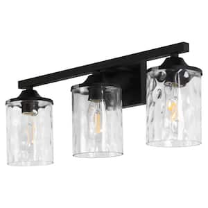 23.2 in. 3-Light Matte Black Linear Classic Modern Bathroom Vanity Light Wall Light with Clear Hammered Glass Shades