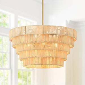 Piersan 26 in. 5-Light Brass Modern Bohemian Chandelier with Tiered Rattan Shade