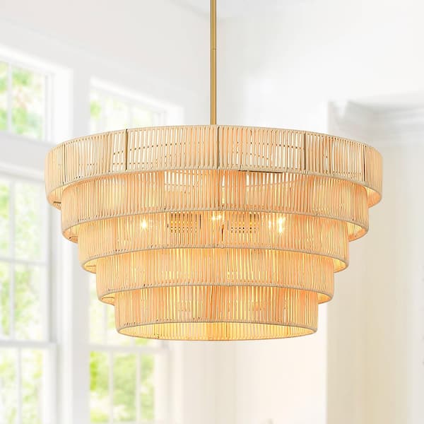 Piersan 26 in. 5-Light Brass Modern Bohemian Chandelier with Tiered Rattan Shade