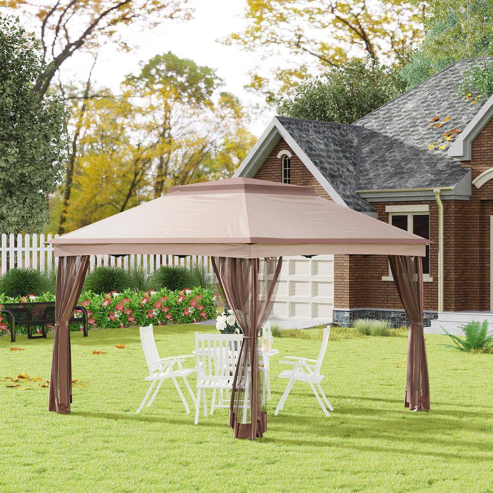 11' x 11' Brown Metal Pop-Up Patio Canopy with Netting
