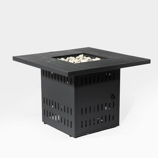 Unbranded Black 34 in. Square Steel Outdoor Fire Pit Table, 50000BTU Propane Fire Pit with Lid Lava Rocks for Patio Deck Garden