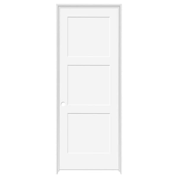 Steves & Sons 28 in. x 80 in. 3-Panel Equal Shaker White Primed RH Solid Core Wood Single Prehung Interior Door with Bronze Hinges