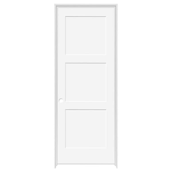36 in. x 80 in. 3-Panel Equal Shaker White Primed RH Solid Core Wood Single Prehung Interior Door with Nickel Hinges