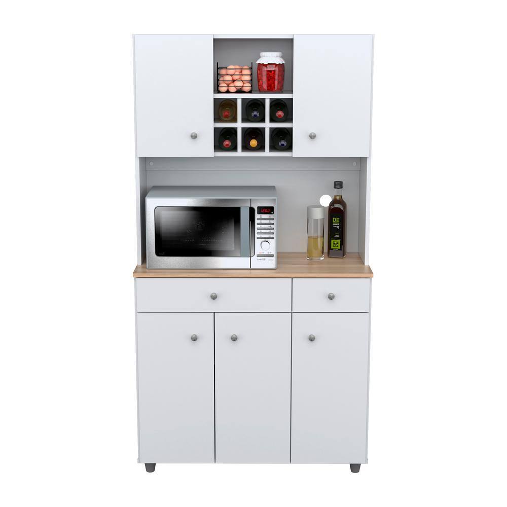 White and Maple Kitchen Pantry with Wine Storage and Metal Handles