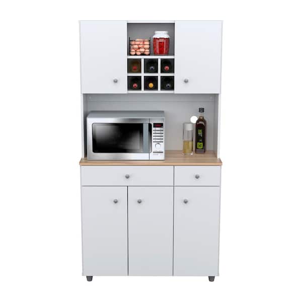 Inval 35.10 in. W x 15.50 in. D x 66.10 in. H Ready to Assemble 5 Door Microwave Storage Utility Cabinet in White and Maple