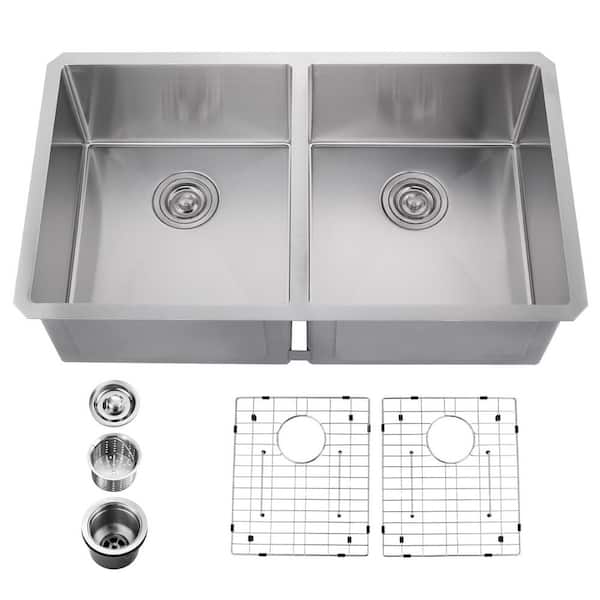 33 in. Drop-In 50/50 Double Bowl 16-Gauge Brushed Nickel Stainless Steel Kitchen Sink with Bottom Grids
