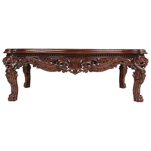 Vintage Walnut Coffee Table with Carved Lion and Glass Top