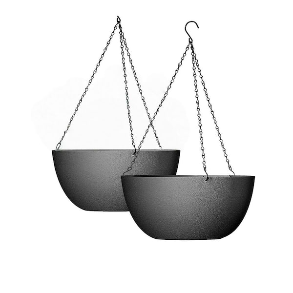Lightweight 13 in. Classic Black Plastic Hanging Planters with Drainage Holes and Chain for Garden, Home (2-Pack)