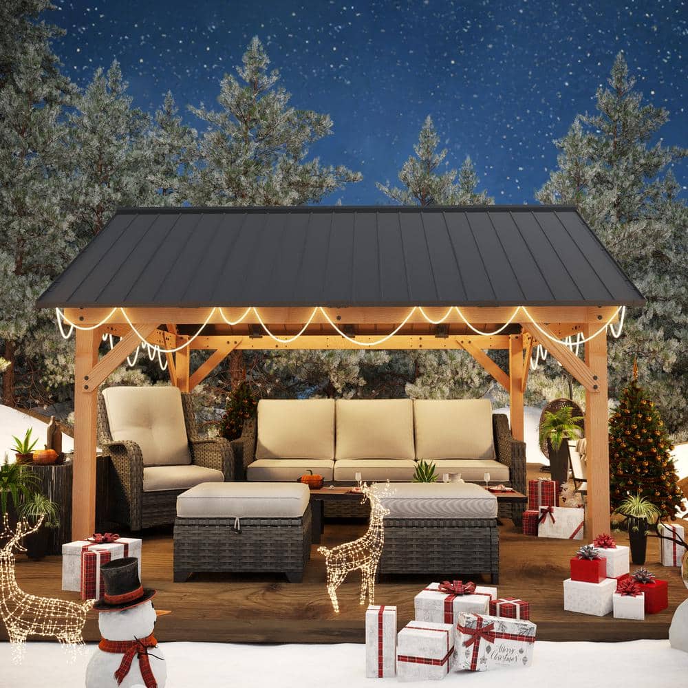 13' x 11' Black Steel and Wood Patio Gazebo
