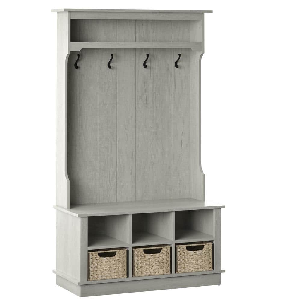 Fairfax Oak Hall Tree with Open Storage and Woven Baskets