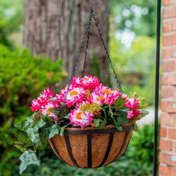 14 in. Dia English Black Metal Hanging Basket with Coco Liner