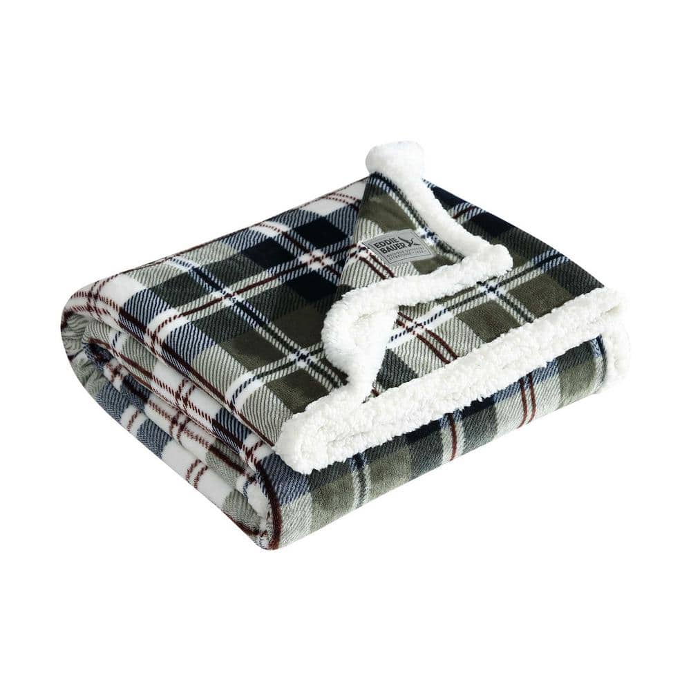 Trailhead Plaid Green Reversible Sherpa Fleece Throw Blanket
