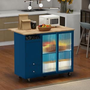 Blue Wood 44.1 in. Kitchen Island with Drop Leaf LED Light Cart on Wheels 2-Fluted Glass Doors Adjustable Shelf Drawers