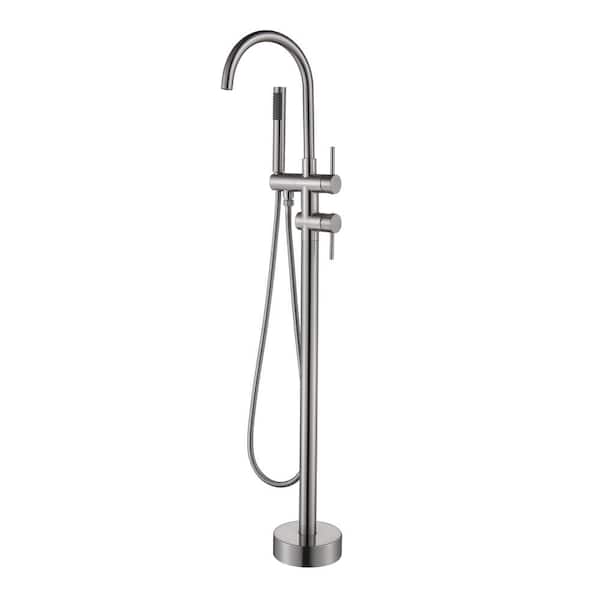 ATKING Round 2-Handle Floor-Mount Roman Tub Faucet with Hand Shower in Stainless Steel in Brushed Nickel