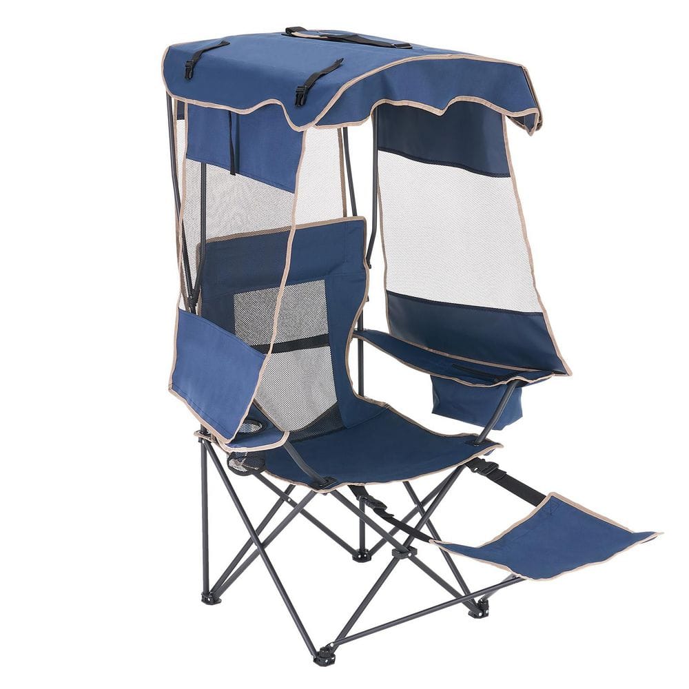 Beach Camping Chair with Canopy and Foot Rest, Folding Reclining Beach Loungers with Cooler Bag and Cup Holder, Blue price history on PriceWatchPro