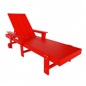 Shoreside Red Fade Resistant All Weather HDPE Plastic Outdoor Adjustable Backrest Chaise Lounge Arm Chair with Wheels
