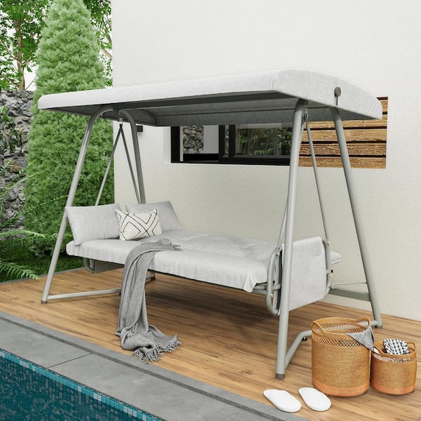 AUTMOON 770 lbs. Outdoor Porch Swing, 3-Person Adjustable Backrest Patio Swing Chair with Stand, Convertible Tilt Canopy